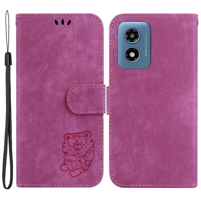 For Motorola Moto G Play (2024) 4G Case Tiger Imprinted Flip Leather Phone Cover - Rose