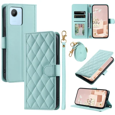 For Realme C30 4G / C30s 4G Phone Case Rhombus Grid PU Leather Flip Cover with Straps - Mint Green
