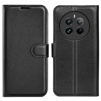For Realme 12 4G / 12+ 5G Case Litchi Texture PU Leather Folio Flip Wallet Phone Cover - Black