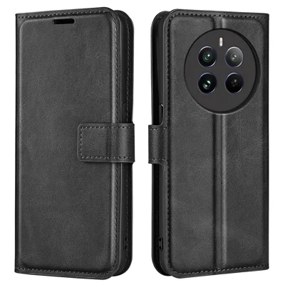 For Realme 12 4G / 12+ 5G Leather Case Calf Texture Phone Wallet Cover - Black