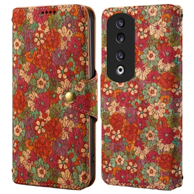 For Honor 90 Pro Wallet Case Stand Seasonal Flower PU Leather Phone Cover - Summer / Red