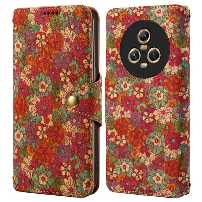 For Honor Magic5 Case Flower Leather Phone Cover with Wallet Card Slots - Summer / Red