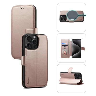 E1 For iPhone 14 Pro Max Case Compatible with MagSafe Nappa Texture Leather Wallet Stand Phone Cover - Rose Gold