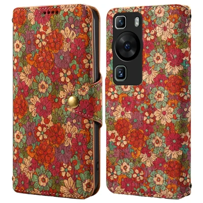 For Huawei P60 / P60 Pro Leather Case Floral Printing Stand Wallet Phone Cover - Summer / Red