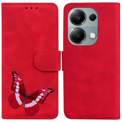 For Xiaomi Redmi Note 13 Pro 4G / Poco M6 Pro 4G Case Butterfly PU Leather Wallet Stand Cover - Red