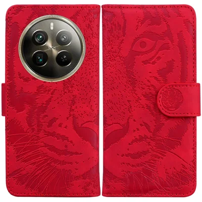 For Realme 12 Pro 5G / 12 Pro+ 5G Case Tiger Pattern PU Leather Wallet Phone Cover - Red