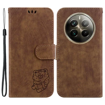 For Realme 12 Pro 5G / 12 Pro+ 5G Wallet Phone Case Cute Tiger Imprinted Leather Phone Cover - Brown