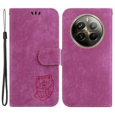 For Realme 12 Pro 5G / 12 Pro+ 5G Wallet Phone Case Cute Tiger Imprinted Leather Phone Cover - Rose