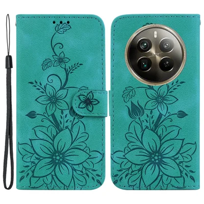 For Realme 12 Pro 5G / 12 Pro+ 5G Leather Case Stand Wallet Phone Cover Flower Pattern - Green