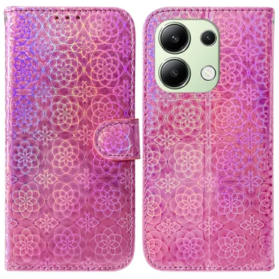 For Xiaomi Redmi Note 13 4G Wallet Case PU Leather Dazzling Flower Phone Cover - Pink