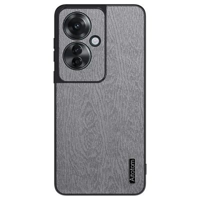 For Oppo Reno11 F 5G Case Wood Texture Leather+PC+TPU Hybrid Slim Phone Cover - Grey