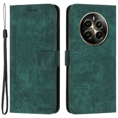 For Realme 12 Pro 5G / 12 Pro+ 5G Wallet Case Lines Imprinted Card Holder Phone Cover - Green