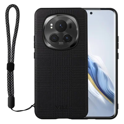 VILI TH Series for Honor Magic6 Pro 5G Cell Phone Case PU Leather Coated PC+TPU Cover with Wrist Strap - Black