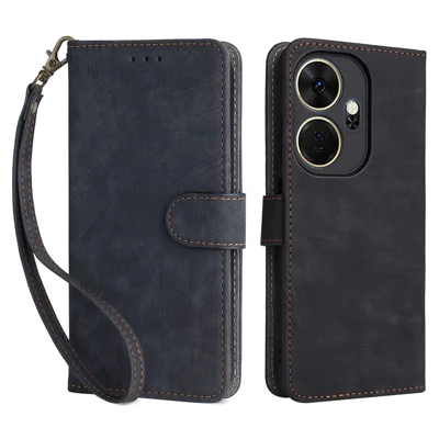 For itel P55+ P663LN Case RFID Blocking Leather Purse Phone Cover with Wrist Strap - Black