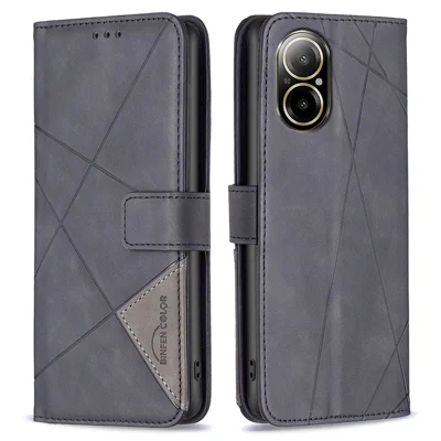 BINFEN COLOR For Realme C67 4G Phone Cases Wallet Stand Geometry Imprint Leather Cover - Black