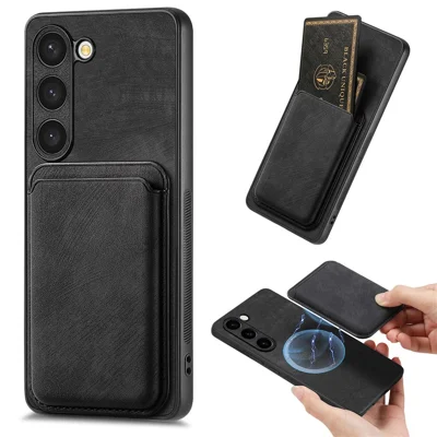 For Samsung Galaxy S23 Magnetic Case Leather Back Cover with Detachable Card Holder - Black