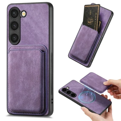 For Samsung Galaxy S23 Magnetic Case Leather Back Cover with Detachable Card Holder - Purple