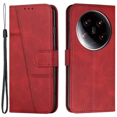 For Xiaomi 14 Ultra Case Viewing Stand Flip Leather Phone Cover with Strap - Red