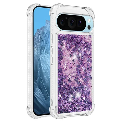 For Google Pixel 9 / Pixel 9 Pro TPU Case Glitter Quicksand Shockproof Phone Back Cover - Dark Purple / Hearts