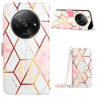 For Xiaomi Redmi A3 / Poco C61 4G Leather Case with Shoulder Strap Marble Pattern Phone Stand Cover - Pink / White LS002
