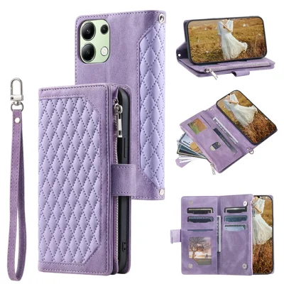 For Xiaomi Redmi Note 13 4G Wallet Case Leather Rhombus Texture Zipper Phone Cover with Wrist Strap - Purple