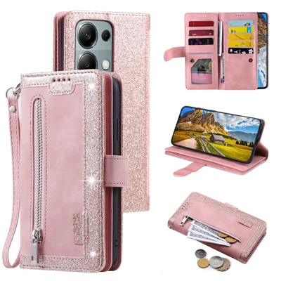 For Xiaomi Redmi Note 13 Pro 4G / Poco M6 Pro 4G Cover 9 Card Slots Wallet PU Leather Foldable Stand Phone Case - Rose Gold