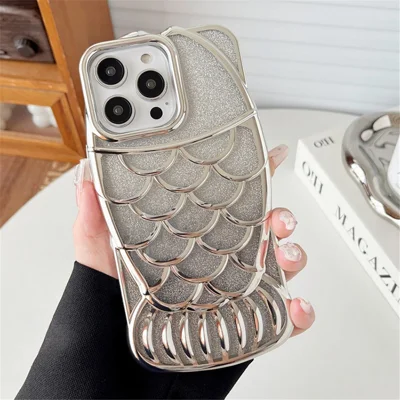 For iPhone 15 Pro Max Electroplating Case Chubby Fish Glitter Bling TPU Phone Cover - Silver