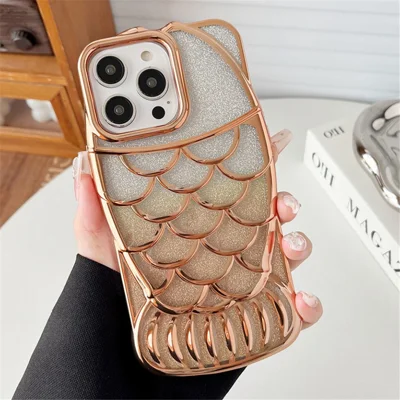 For iPhone 13 Pro Max TPU Case Glitter Sparkle Chubby Fish Design Phone Cover - Gold