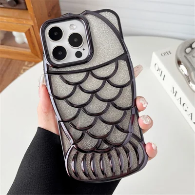 For iPhone 15 Pro Case Electroplating Bling Fish Shape Soft TPU Phone Cover - Black