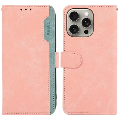 ABEEL For iPhone 15 Pro Max PU Leather Cover RFID Blocking Stand Phone Protective Case - Pink