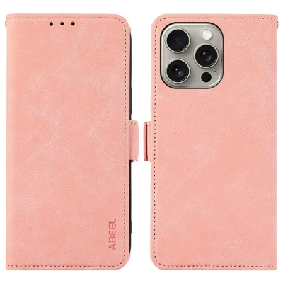 ABEEL For iPhone 15 Pro Max Wallet Case PU Leather Stand Blocking RFID Phone Cover - Pink
