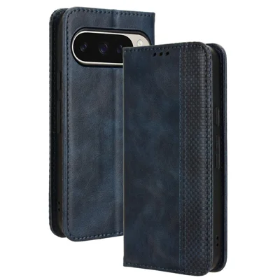 For Google Pixel 9 Pro / Pixel 9 Case Retro PU Leather Wallet Phone Cover Magnetic Auto-Absorbed - Blue
