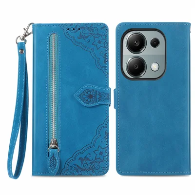 For Xiaomi Redmi Note 13 Pro 4G / Poco M6 Pro 4G Zipper Wallet Case with Strap Flower Imprint PU Leather Phone Cover - Blue