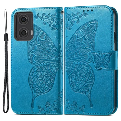 For Motorola Moto E14 4G / G04 4G / G04s 4G / G24 4G Stand Case Imprint Butterfly Flower PU Leather Phone Cover - Blue