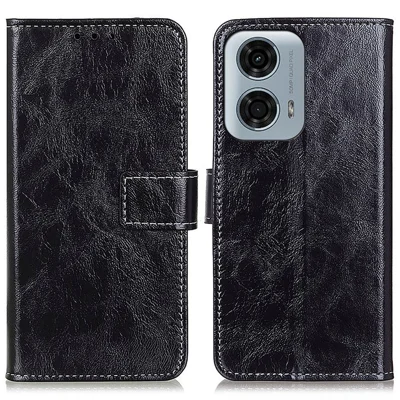 PU Leather Phone Cover for Motorola Moto E14 4G / G04 4G / G04s 4G / G24 4G Retro Crazy Horse Texture Wallet Phone Stand Case - Black