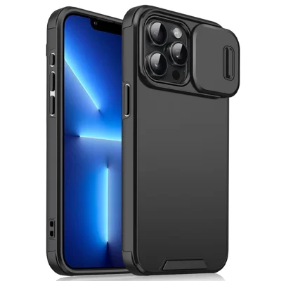 For iPhone 13 Pro Max Case PC+TPU Shockproof Phone Cover with Slide Camera Guard - Black