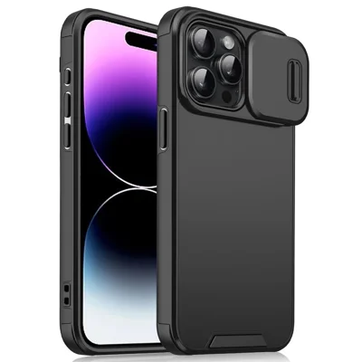For iPhone 14 Pro Shockproof Case PC+TPU Back Phone Cover with Slide Camera Guard - Black