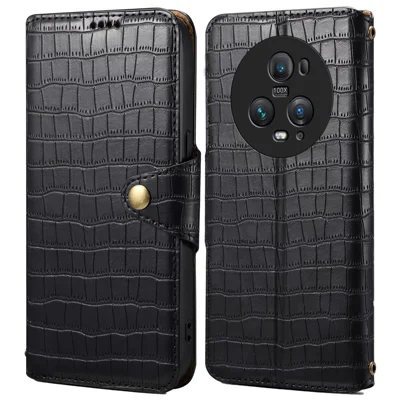 For Honor Magic5 Pro Leather Case Crocodile Texture Stand Cell Phone Cover - Black