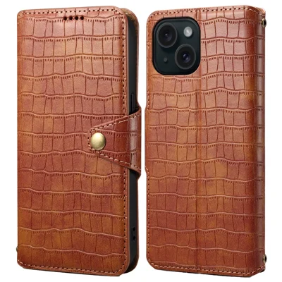 For iPhone 14 Case Crocodile Texture Leather Phone Cover with Wallet Card Slots - Brown