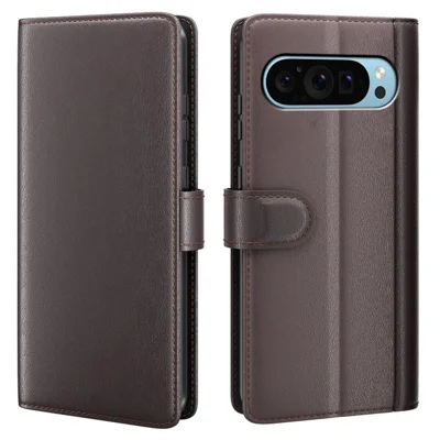 For Google Pixel 9 / Pixel 9 Pro Case Genuine Split Leather Phone Cover with Wallet Stand - Brown