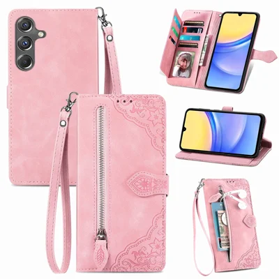 For Samsung Galaxy A15 4G / 5G Zipper Wallet Case with Strap Flower Imprint PU Leather Phone Cover - Pink