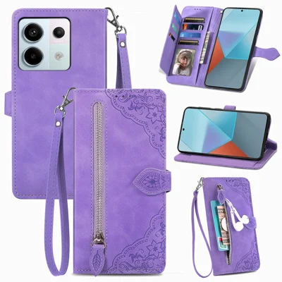 For Xiaomi Redmi Note 13 Pro 5G / Poco X6 5G Zipper Wallet Case with Strap Flower Imprint PU Leather Phone Cover - Light Purple