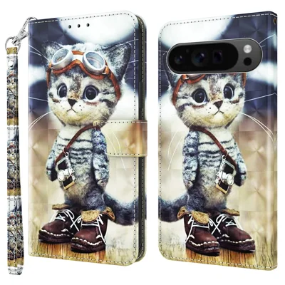 For Google Pixel 9 / Pixel 9 Pro Case Pattern Printing Phone Leather Cover with Wallet Card Slots - Standing Cat