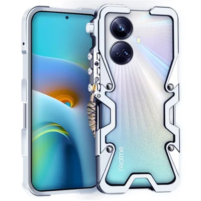 For Realme 10 Pro+ 5G Phone Case Mechanical Arm Aluminium Alloy Hollow Back Cover - Silver