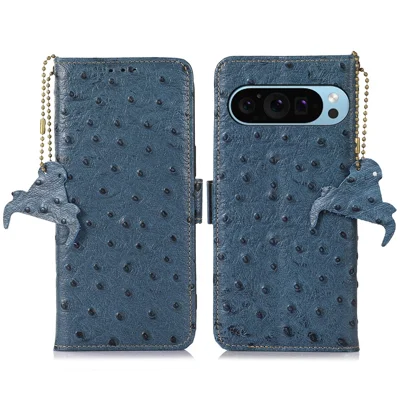 For Google Pixel 10 Pro / 10 / 9 Pro / 9 Case RFID Blocking Genuine Cow Leather Phone Cover - Blue