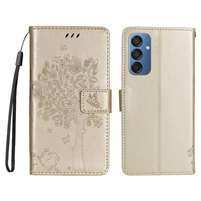 For Samsung Galaxy M15 5G Phone Case with Stand Cat Tree Pattern Leather Wallet Mobile Cover - Gold