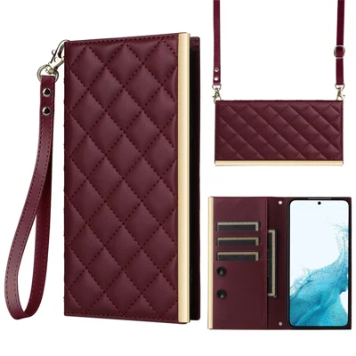 For Samsung Galaxy S22 5G Case Rhombus Grid PU Leather Wallet Suction Cup Phone Cover - Wine Red