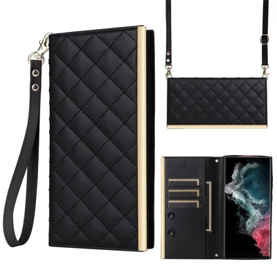 For Samsung Galaxy S22 Ultra 5G Wallet Case PU Leather Flip Phone Cover with Shoulder Strap - Black