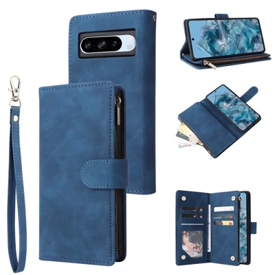 For Google Pixel 8a Cell Phone Case Zipper Wallet Card Holder Leather Drop-proof Cover - Blue