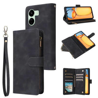 For Xiaomi Poco C65 4G / Redmi 13C 4G / 5G Cell Phone Case Multiple Card Slots Leather Protection Cover - Black